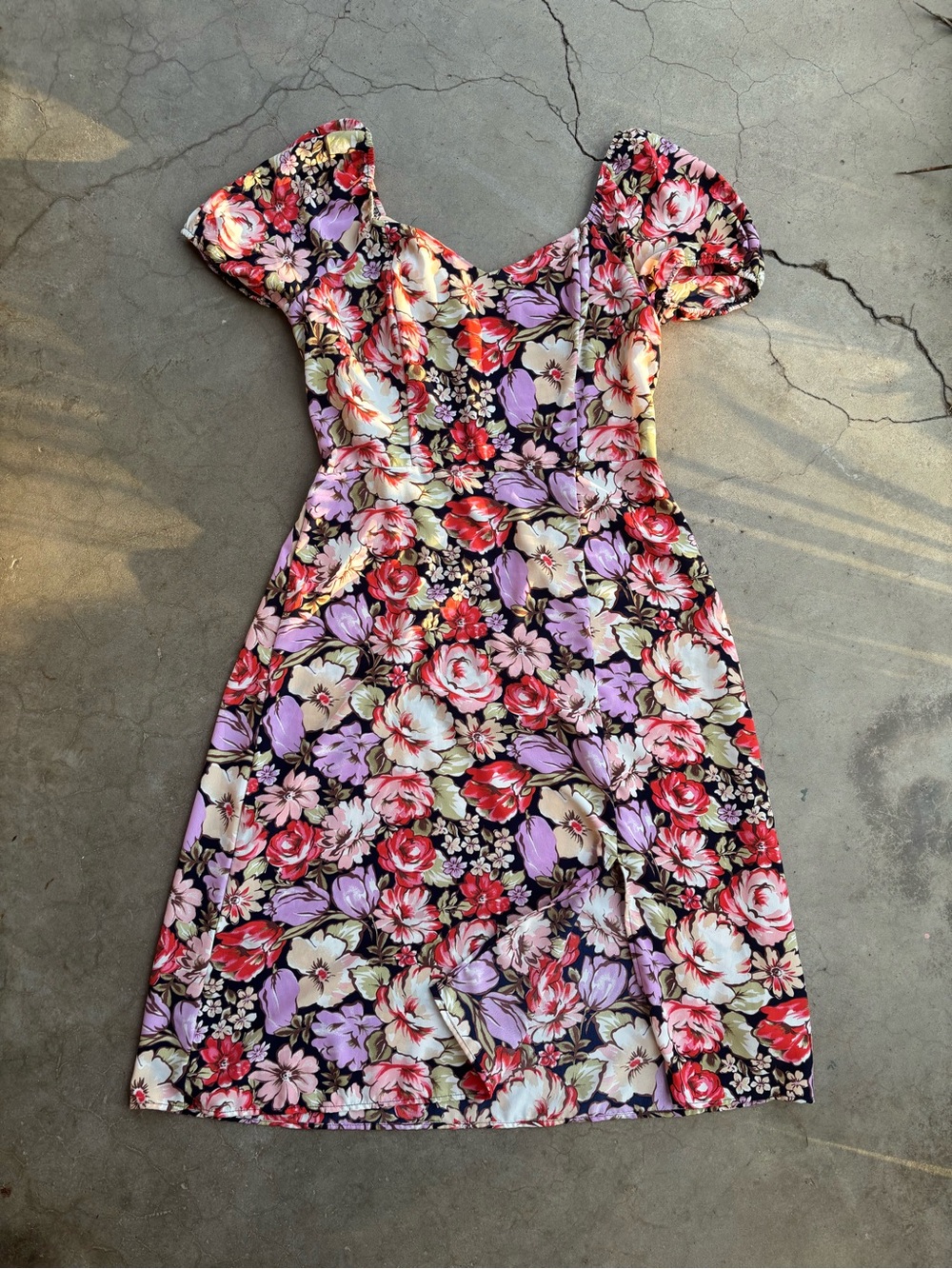 Lily Rose Floral Puff Sleeve Smocked A-Line Dress XL Black Purple Red Cream Tie - Picture 1 of 7